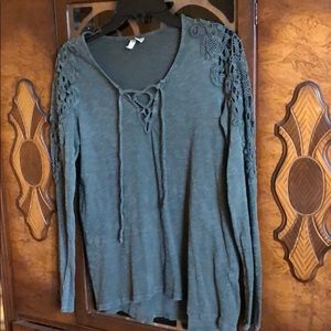 Cato Faded Dark Green Lacy Sleeve Top
